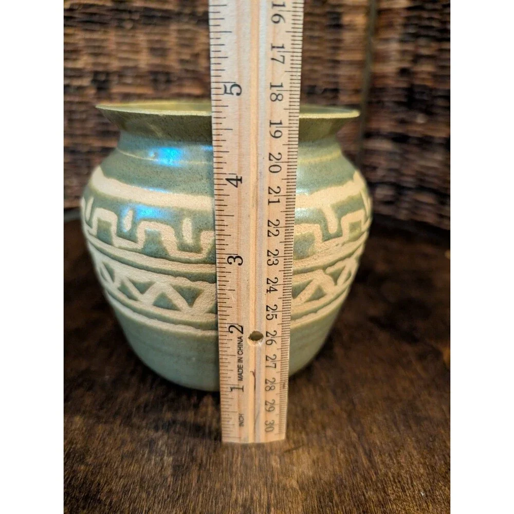 Art Pottery Vase Artist Signed Glaze over Clay Green Aztec Boho Southwestern